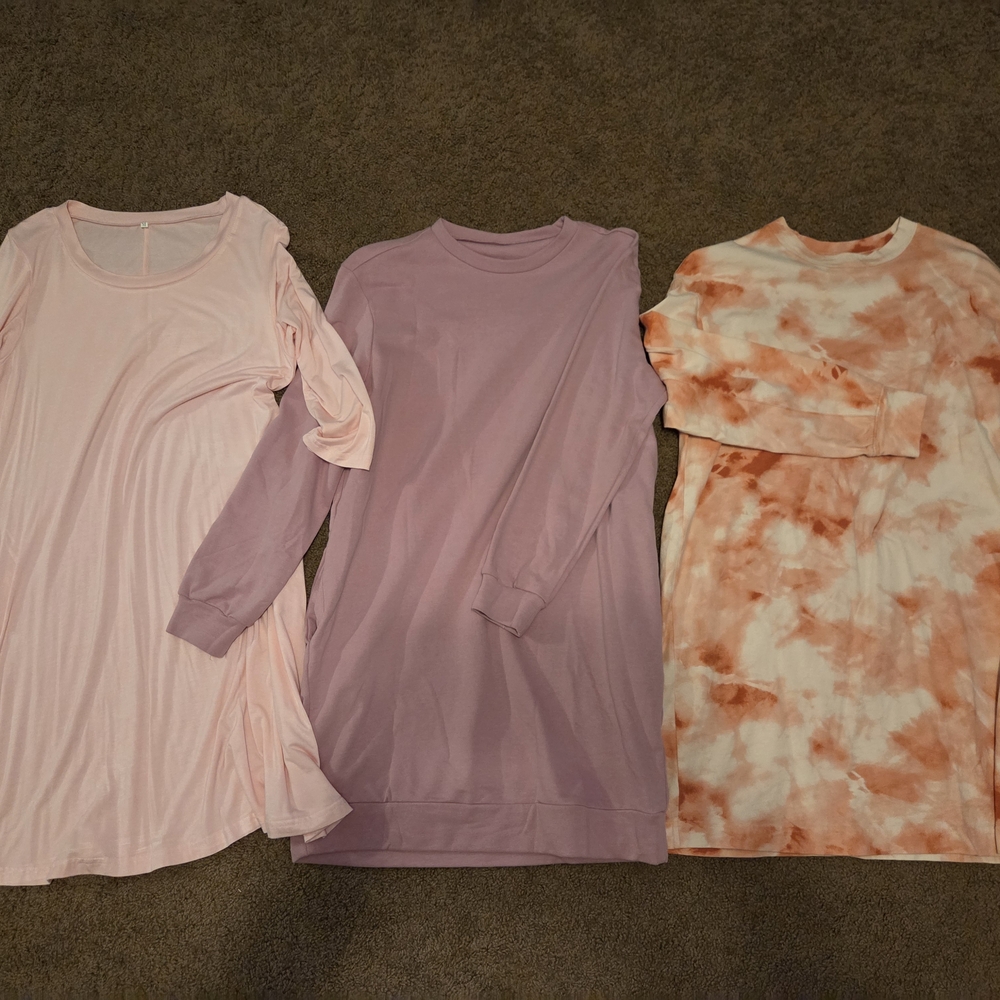 Three Long Sleeve Tunic Dresses - Pink, Lavender, Tie-Dye